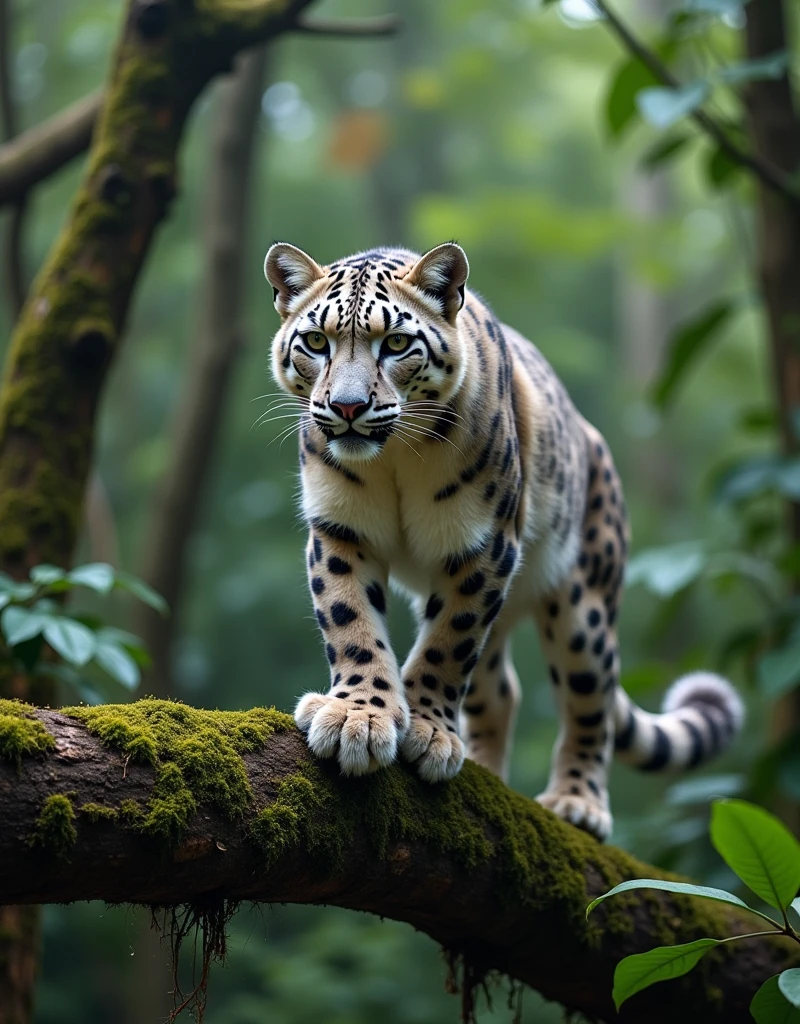 Snow leopard, humanoid form, woman body, small boobs, big hips, little coverings, action pose on a fallen tree trunk, jungle background, motion blur, cinematic action angle, cinematic angle, cinematic perspective, action shot, action perspective.