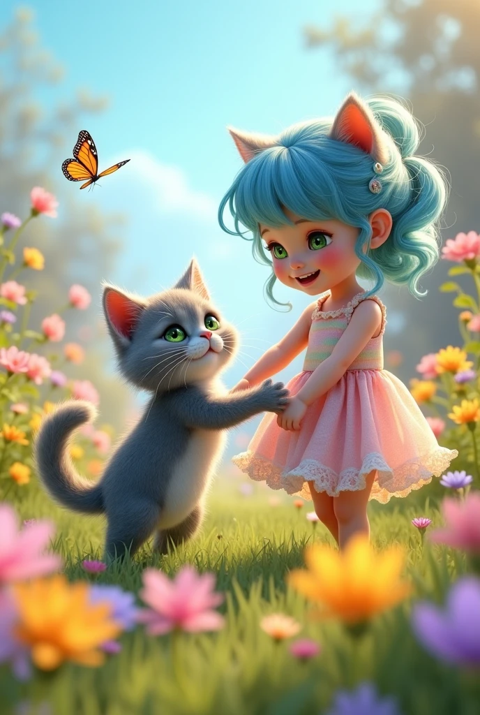 "A cute tiny cat plaing with a little AI girl in a beautiful flower garden"