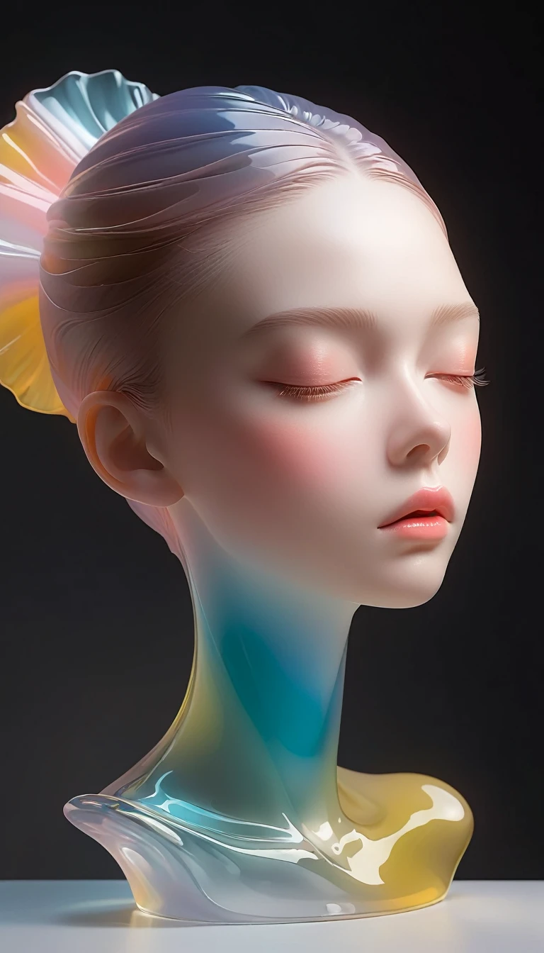 A 3D portrait sculpture is placed on a central stand..，simple，minimalism，Beautiful girl，Soft and elegant colors，Colored glass transparent，dark background，radiation