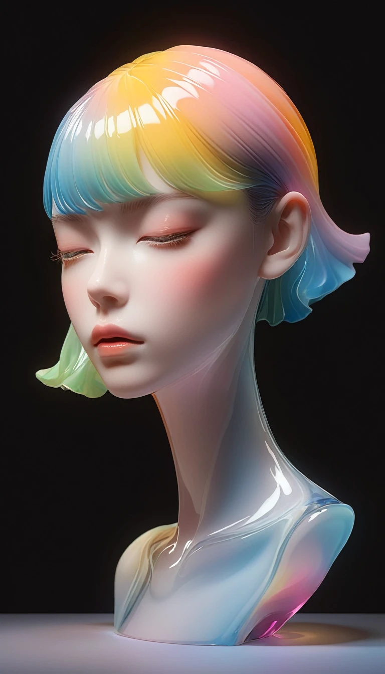 A 3D portrait sculpture is placed on a central stand..,simple,minimalism,Beautiful girl,Soft and elegant colors,Colored glass transparent,dark background,radiation