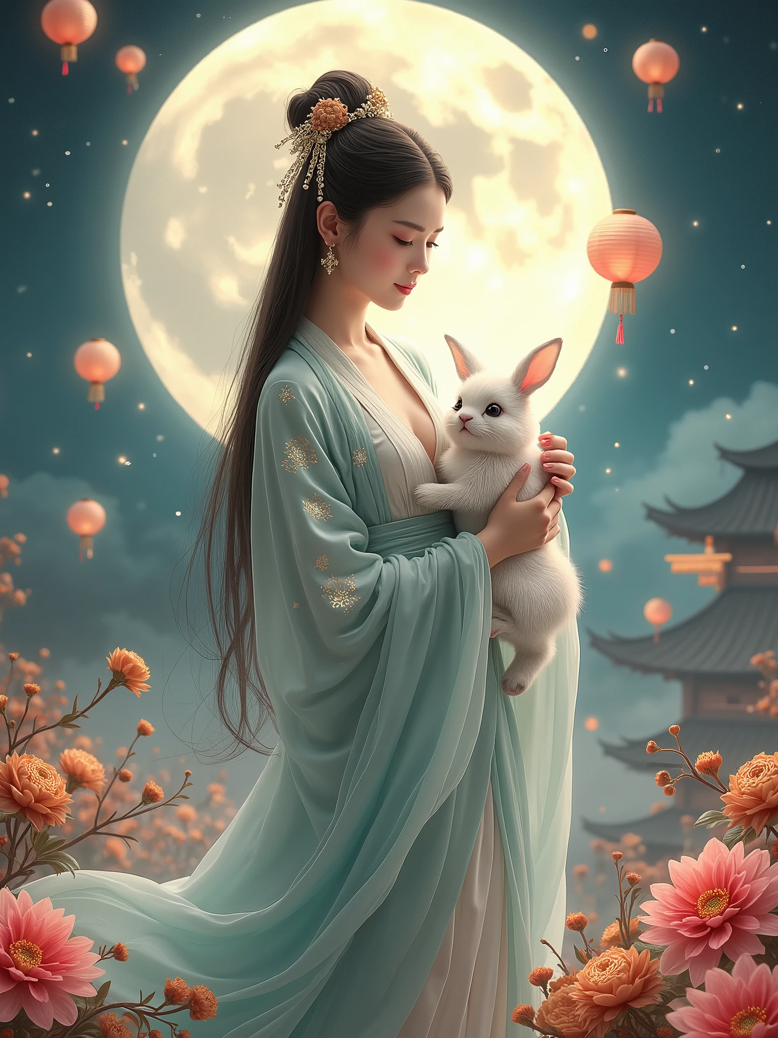 Chang'e holds a jade rabbit, the moon in the background, full of Chinese mid-autumn Festival elements