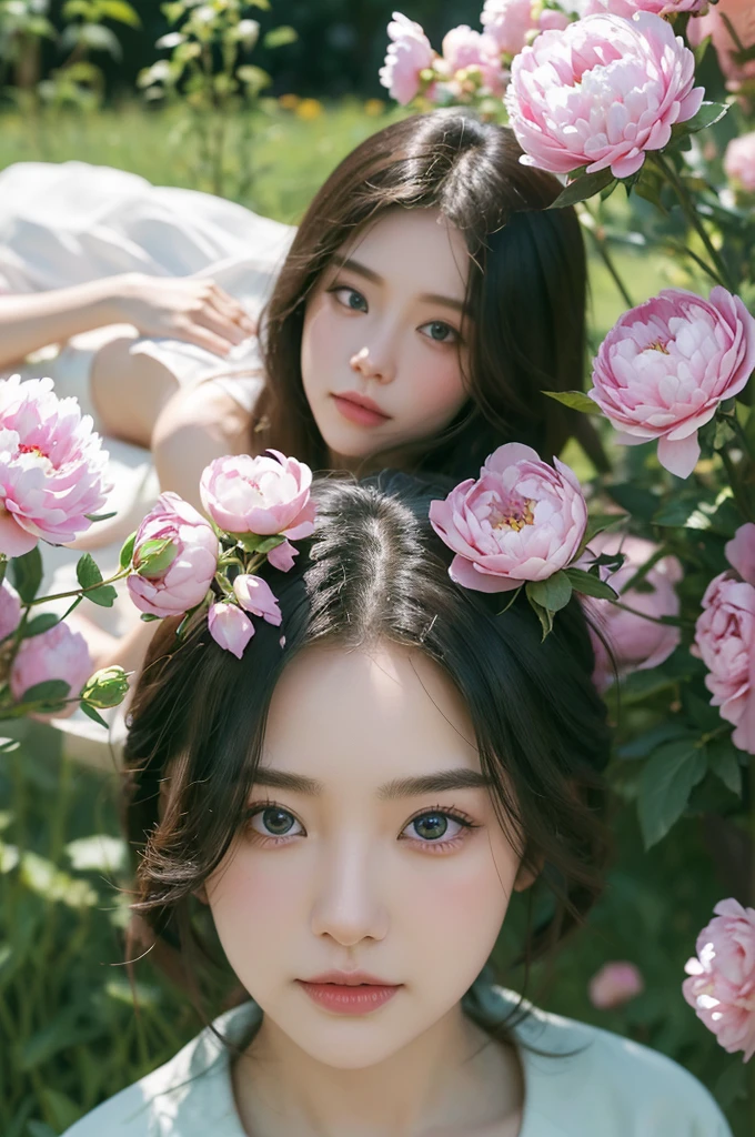 Beautiful 21old girl, Generate ultra high resolution realistic images in absolute photorealistic style **Dream Among Flowers**: Create an image of them sit on the grass, surrounded by flowers peony, with a loving gaze towards the blue sky. Digital painting