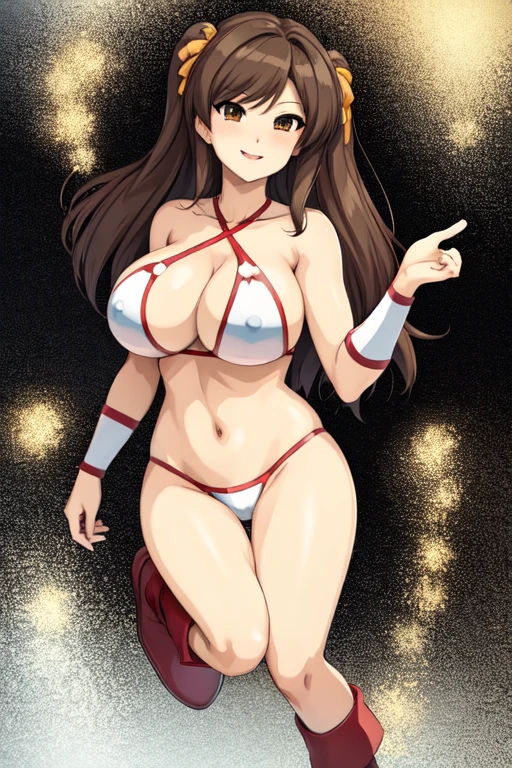 masterpiece, best quality, beautiful art, high resolution, well formed hands, body and fingers, 1 woman, solo, Haruhi Suzumiya, 31 years old, full body picture, grown up, adult, large and big breasted, cleavage, hair ornament, wearing a Tyris Flare outfit , white_bikini, full body, sexy and skimpy bikini, gorgeous hips, legs and thighs bouncing breasts, red boots, dancing seductively and erotically, twirling around, bikini thong, shaking her body alluringly, smiling joyfully, looking at the viewer, sweating , flirting, beach environment