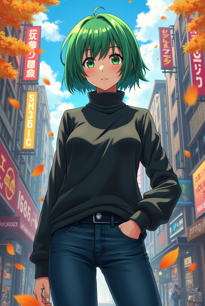 Shiina Michiru(Shiina Michiru)
Hairstyle:Green hair with a shortcut、Slightly voluminous
Eye color:Green
Height:155cm
Clothing:Stylish and cool style、Turtleneck sweater and skinny jeans