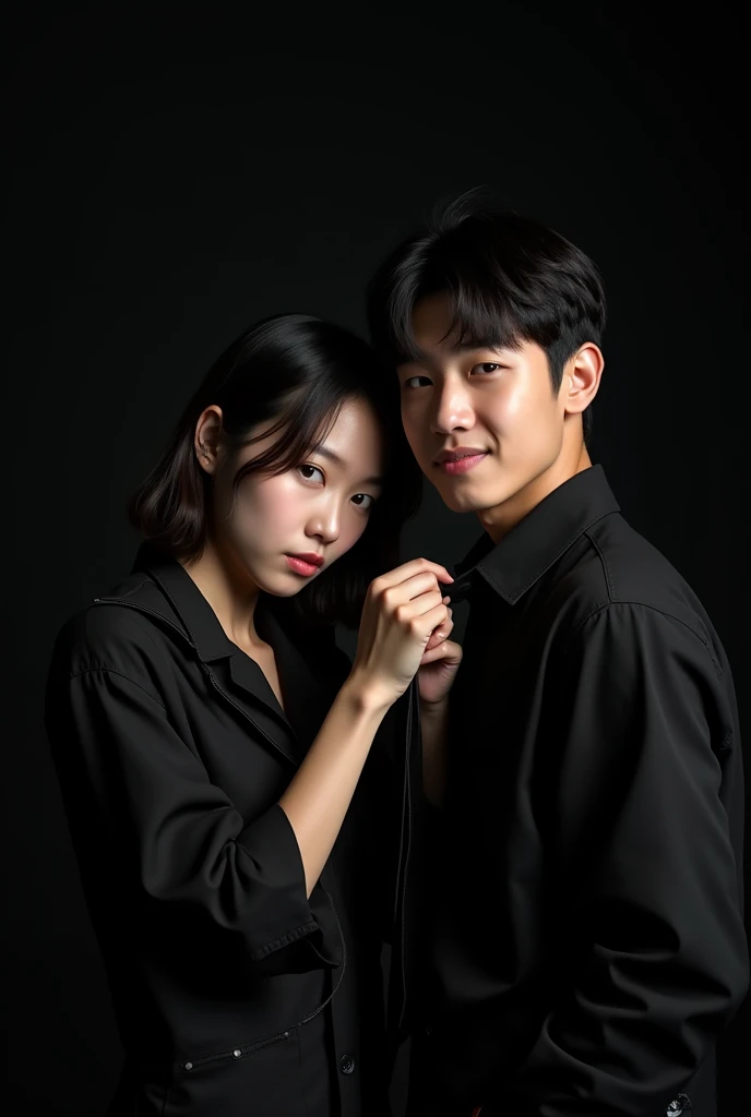 Background black, one boy one girl standing. The girl dragging boy's tie to herself sexy korean teenagers boy with black shirt, real photo