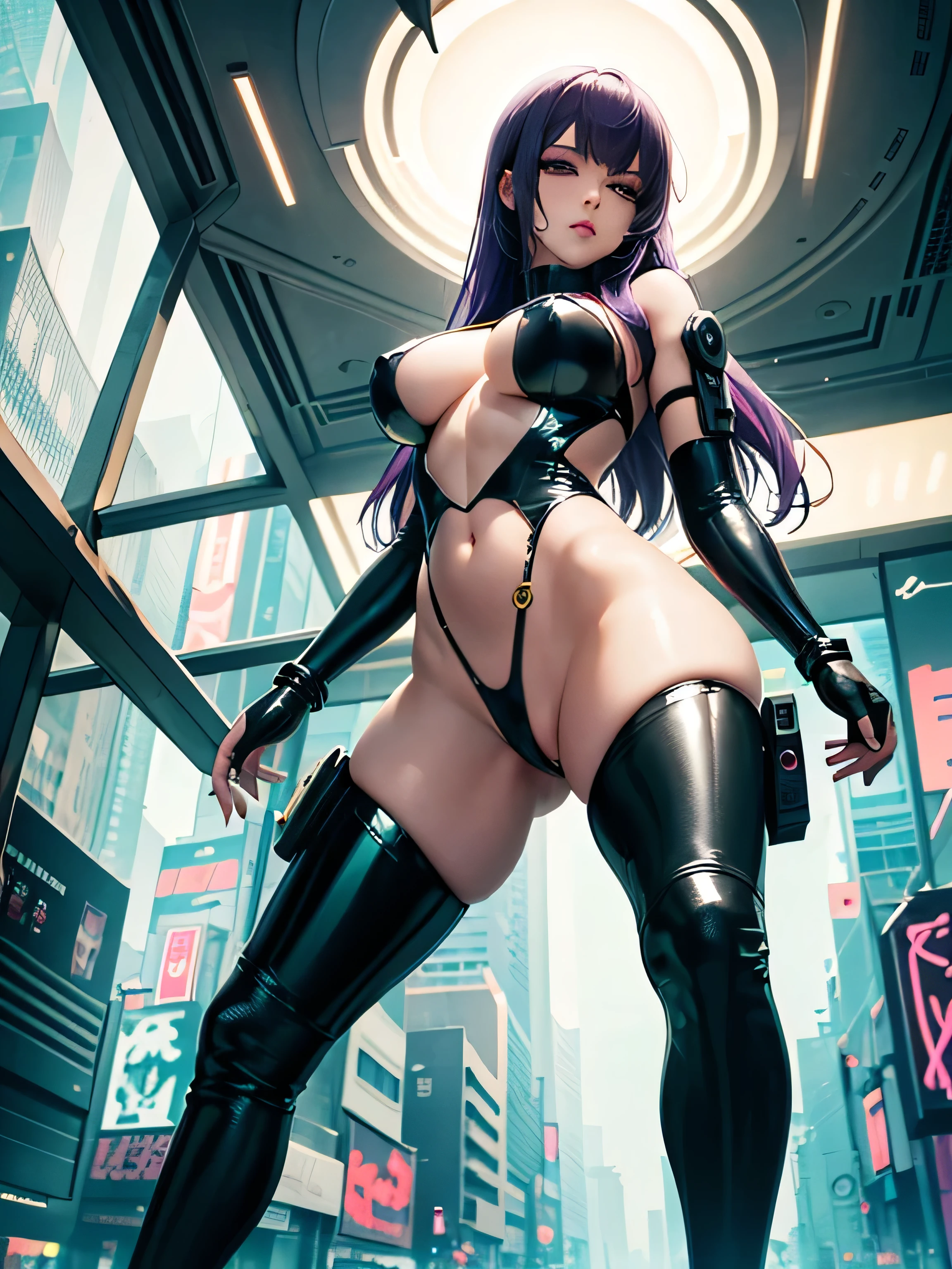 ((seductive anime girl:1.2))、((cyberpunk))、((Futuristic))、Female sexy, Combative posing, Depiction of dense hair, Detailed eye depiction, Sexy body lines, Center, Sharp Focus, large full breasts, Colossal , Costumes with less fabric area, and draw the full body, Glossy realistic skin texture, spring, Hover effect, Low angle perspective, Configuration looking up from below、Glossy realistic skin texture、shiny skin、masterpiece, ultra-detailliert, 8k, hiquality, Top image quality, Smooth texture、watercolor, purple hair, beautiful detailed eyes