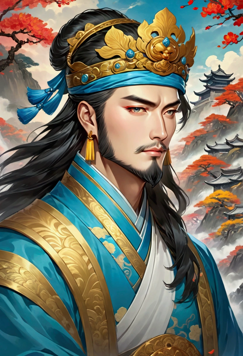 Arapehd image of a man with a crown on his head and wearing blue clothes, Portrait inspired by Huang Shen, Art Station Trends, Under Art, Guan Yu, Vian Lian, heise jinyao, xianxia hero, Three Kingdoms of China, G Liulian Art Style, Romance of the Three Kingdoms Origin, Feng Shui, Official Splash Art, brushing teeth