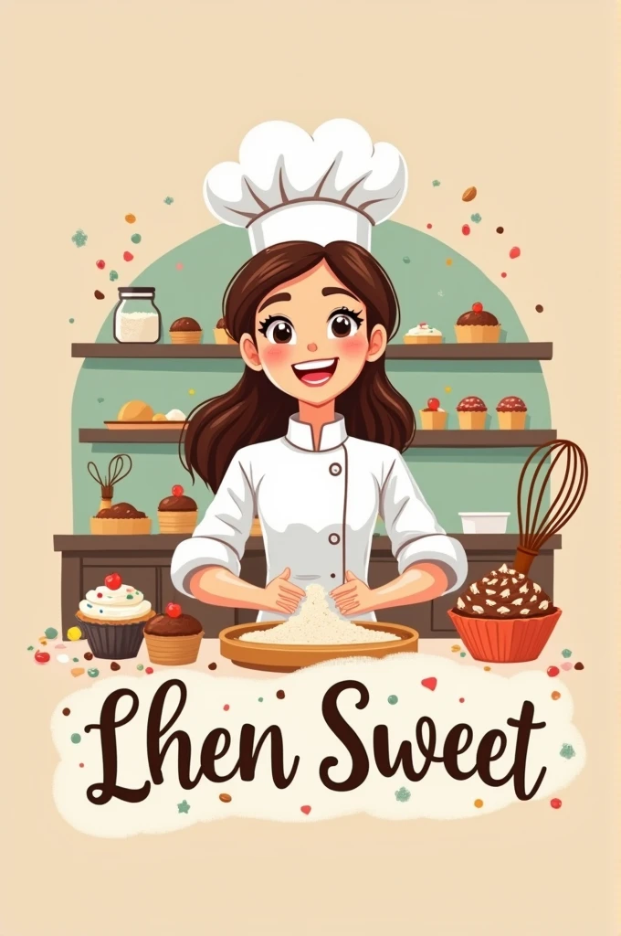 A bubbly logo with a mother baking in a chef suit, a bakery business with a name "Lhen Sweet" in green pallete sage