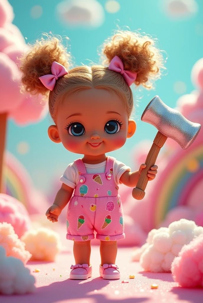 Hammer doll holding a hammer with light brown hair and wearing pink ice cream clothes 