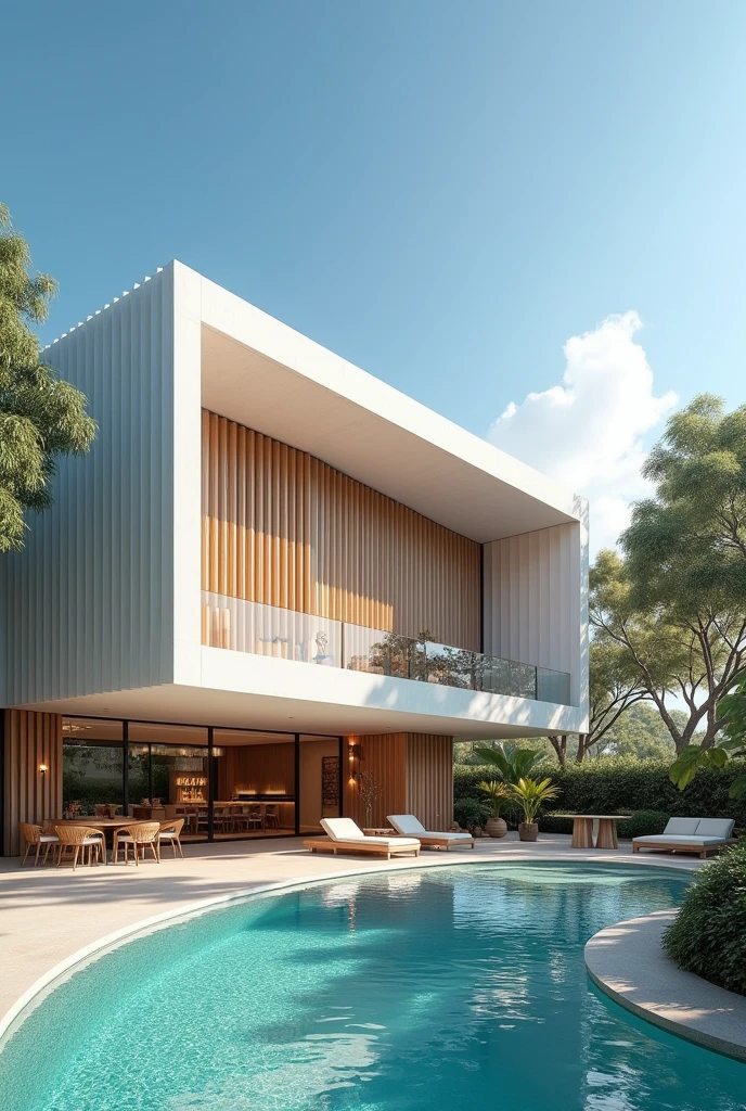 A rectangular Windowless building. The exterior of building has features smooth curves using vertical louvers like wave. No glass. No pilotis. Massive overhead door. Modern style. Connected stage of a pool party area and annex building.
