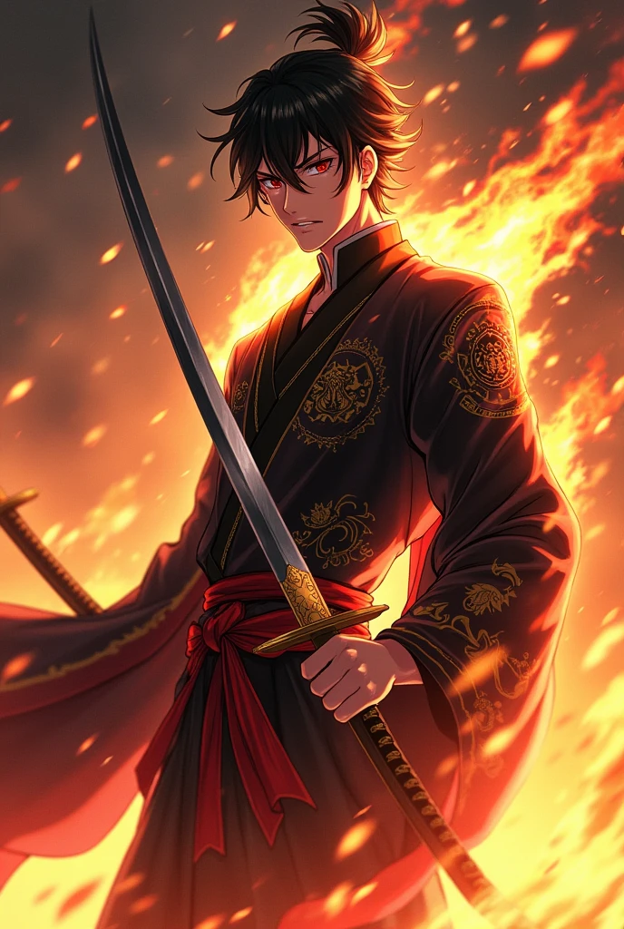 Handsome anime guy wearing a samurai sword with the name GALANG written on his clothes, with a fire effect.