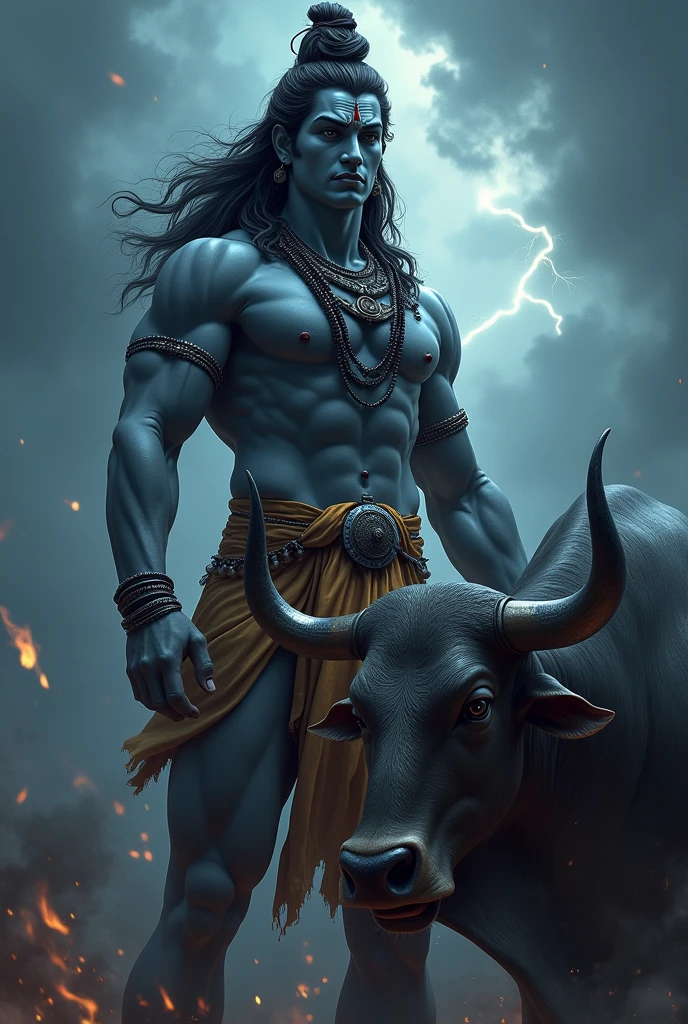 Lord shiva with Nandi with a look, angry, ultra realistic, realistic, real life, moody.