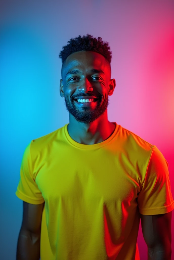 A white man wereing yellow t shirt, seeing in camera, with little smile . Background rgb light studio