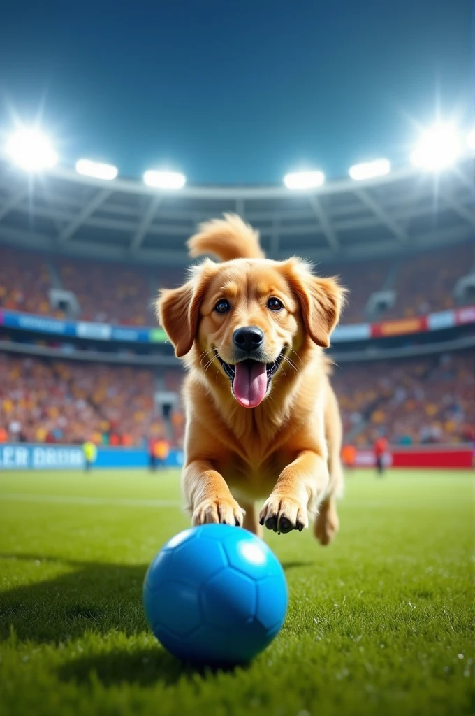a dog playing football in arena