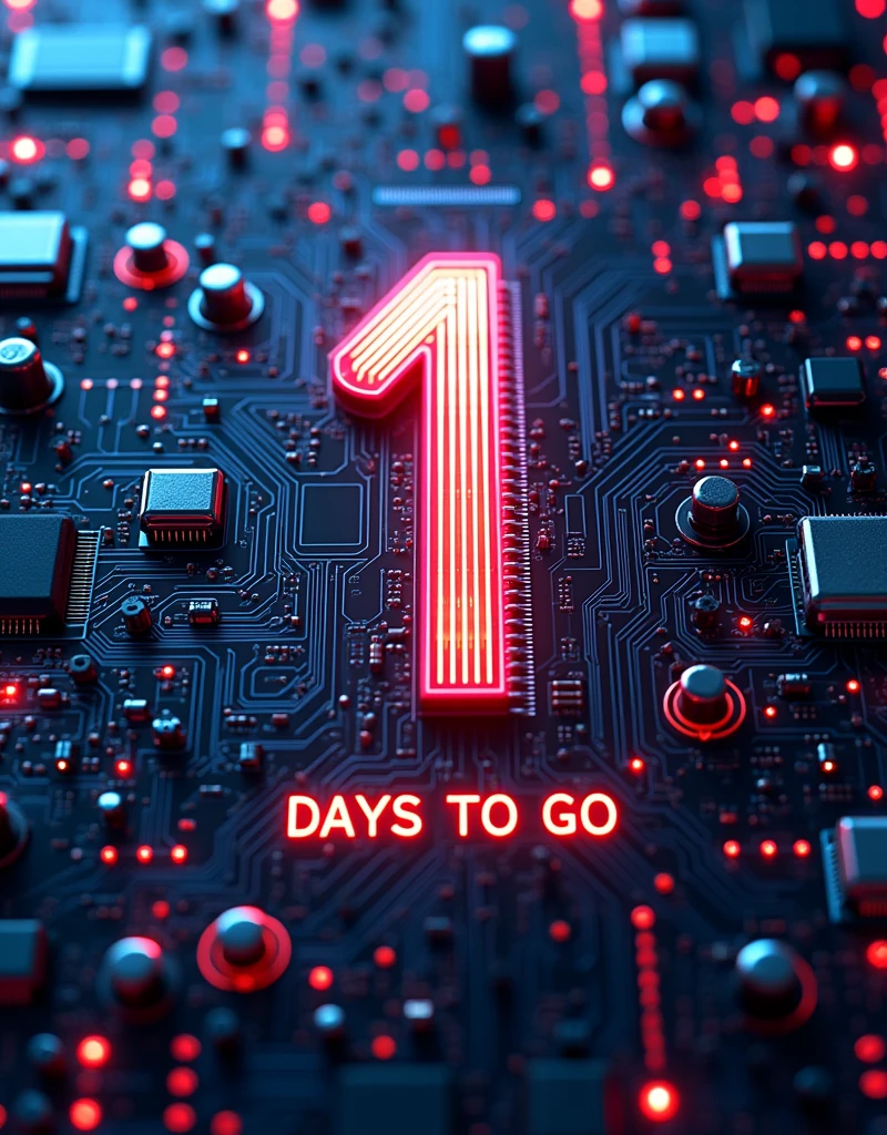 make a realistic looking 3D electronics circuit poster, in the middle of the circuit component write 1 in bigger glowy font, and in the bottom write "DAYS TO GO" with comparatively smaller font