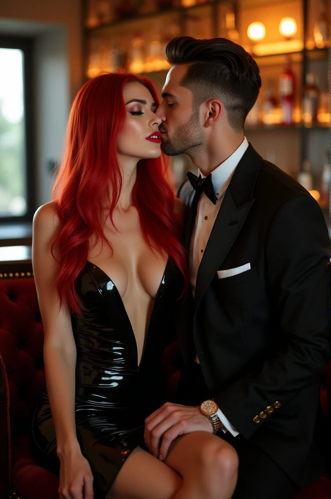 ultra realistic, photography, long red straight hair, girl, 30 years old, hourglass figure, perfect fit body, natural big breasts, seductive look, masterpiece, super detailed, detailed face, beautiful eyes, detailed eyeshadow, lip details, red lipstick, full body picture, dark eye makeup with eyeliner, wearing a black high-leg-cut shiny latex evening dress, she has a great round cleavage, hourglass body, she is sitting at a bar, she is wildly kissing a handsome guy while one hand of hers is in his pants