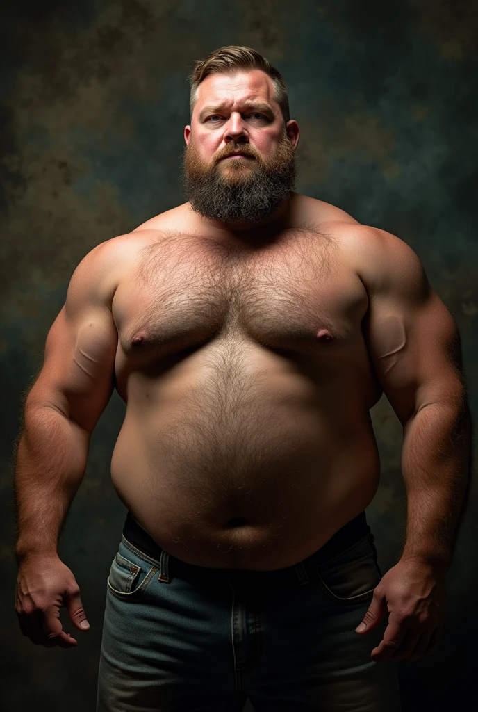 An award-winning original photo, A burly musclebear man, (40 years old daddy:1.1), 1 man, Solo, (wearing Nothing), (big shoulders), musculature, strong physique, hairy, chubby and fluffy, stubbles, Short beard, (Detailed body), realistic eyes, deadpan, looking at viewer, deadpan, lighting, (Best quality, A high resolution, Photorealistic), Cinematic lighting, Masterpiece, RAW photo, Intricate details, hdr, depth of field, upper body shot, (realistic:1.4), (from the front), (from below)