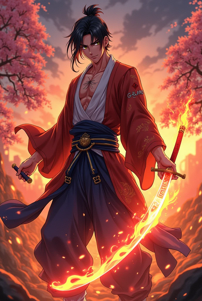 Handsome anime guy wearing a samurai sword with the name GALANG written on his clothes, with a fire effect.