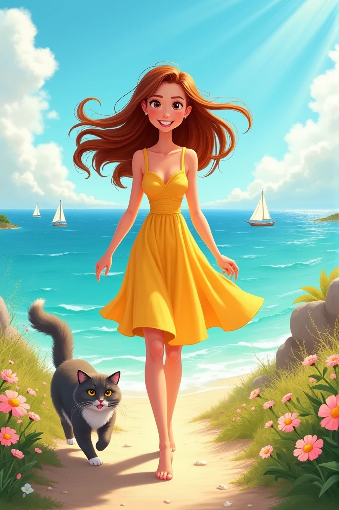 A cartoon video of a young woman walking a cat in the morning sunlight, with a sea view in the background.