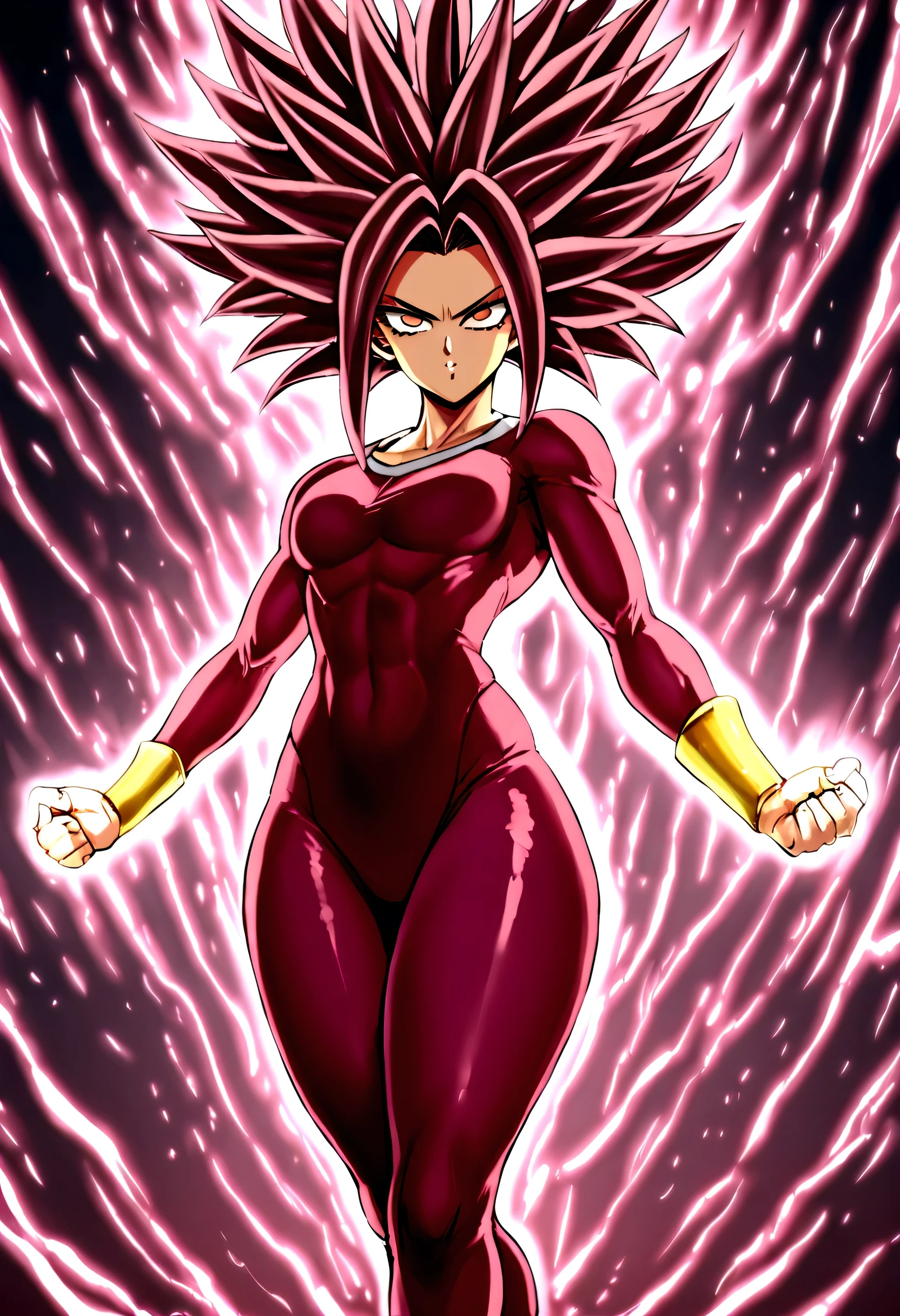 Kefla with black hair up, with red top and leggings, One punch man style