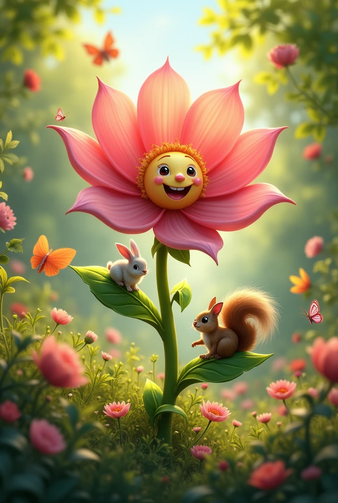 An illustration of a flower with pink petals,with a happy face,in the middle of a garden with animals all around