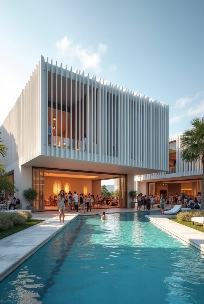 A rectangular Windowless building. The exterior of building has features smooth curves using vertical louvers like wave. No glass. No pilotis. No setback. Massive overhead door. Modern style. Connected stage of a pool party area and annex building.

