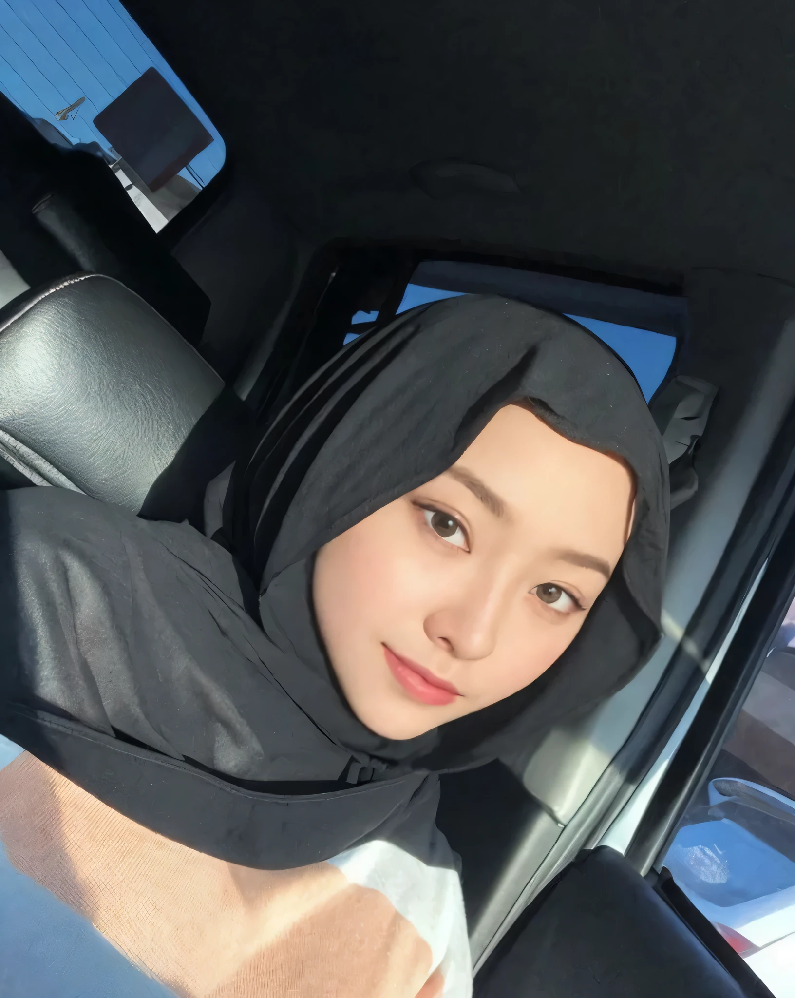 (best quality,8k,highres,masterpiece:1.2), realistic, photorealistic:1.37, UHD, studio lighting, sharp focus, extreme detail description, professional, vivid colors, bokeh, portraits, extremely detailed face texture, beautiful detailed eyes, beautiful detailed lips, hijab, youthful appearance, big round , cleavaortional eyes, seducing smile, clean and natural face, bare face, indonesian face,