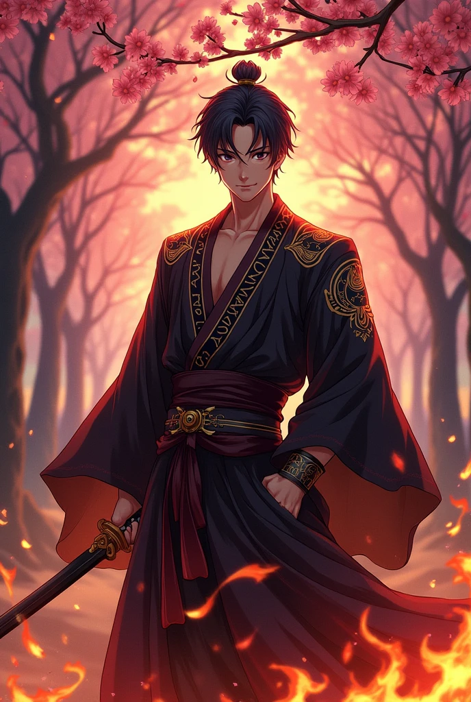 Handsome anime guy wearing a samurai sword with the name GALANG written on his clothes, with a fire effect.