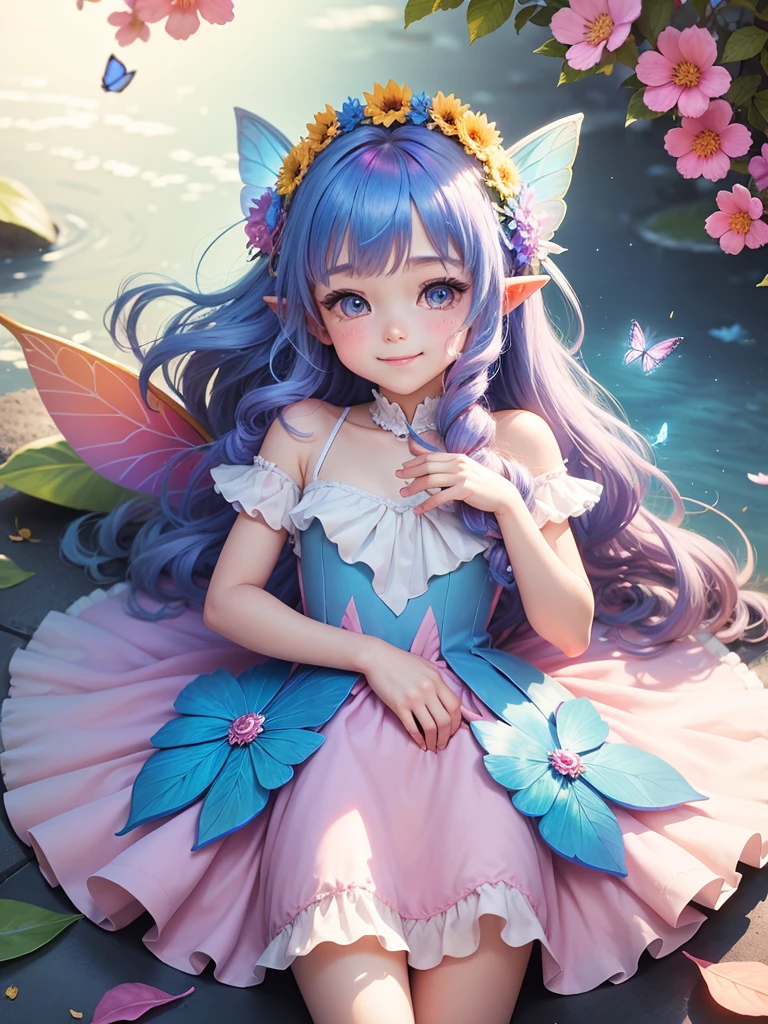 cute little Fairy, blue butterfly, Rainbow hair, pink eyes,  dress pointy ears dress made of petals leaves sparkling sun leaves Rainbow dress smiling gently