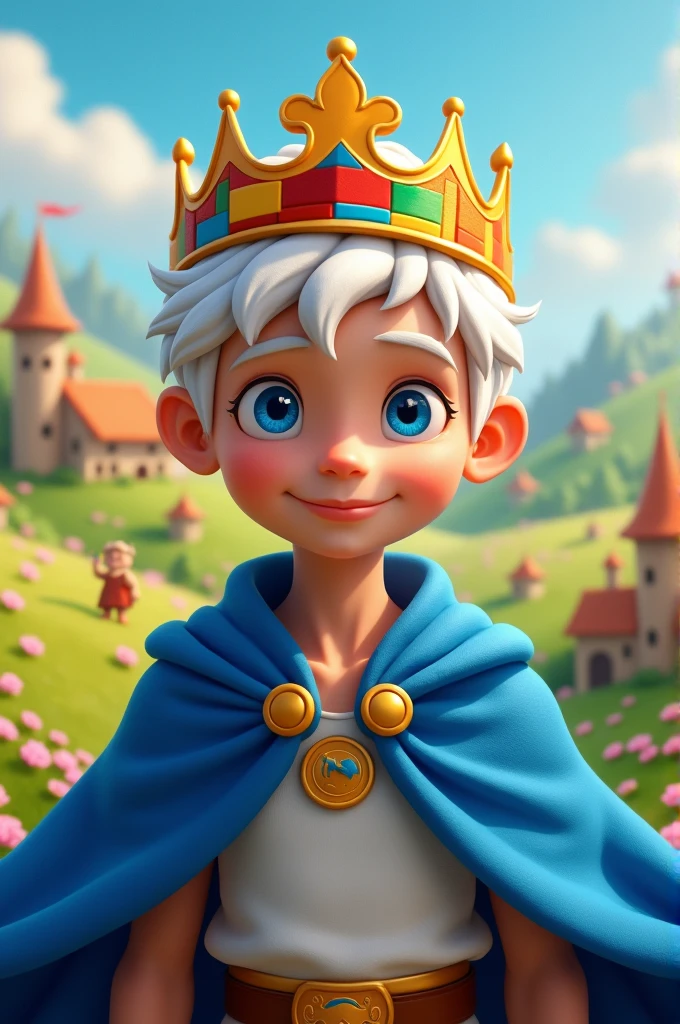 a king, a young smiling man with white hair and blue eyes, wearing a blue cape and a crown made of building blocks.