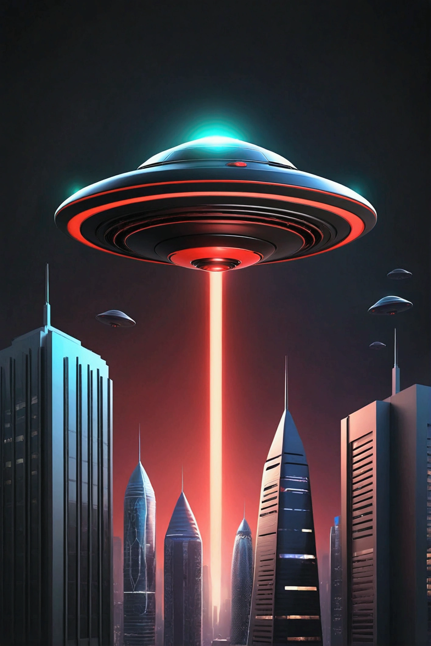 A minimalist logo featuring a retrofuturistic UFO. The logo showcases UFO flying over skyscrapers and glowing city lights. The color palette is a mix of dark and intense colors, including shades of black and red. Illustration, vector art, logo design.