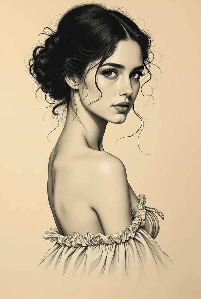 Hand-drawn portrait of a young semi-nude woman , Victorian era., post-impressionist style, minimalist brushwork, prosaic style, beautifully shaded, black ink on Manila paper,