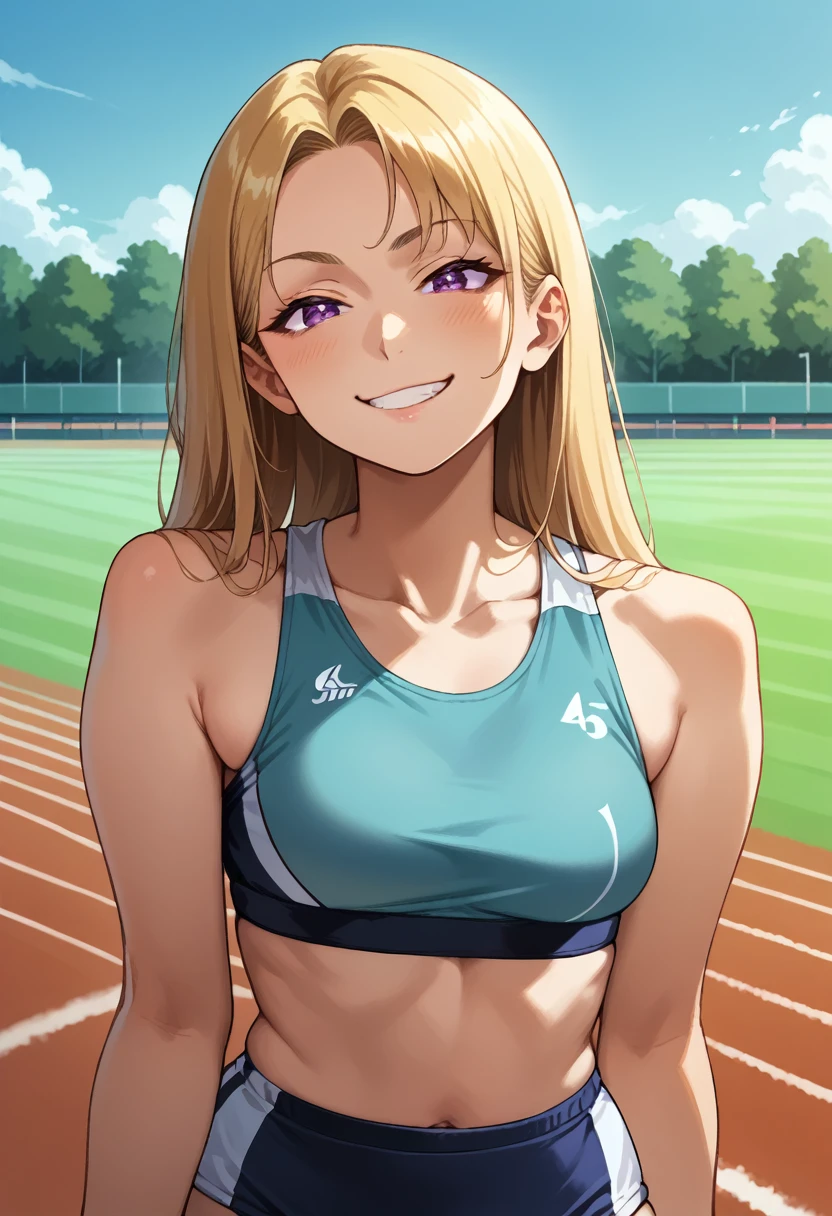 Masterpiece, best quality, 1girl, solo, , quarter Japanese, blonde hair, long hair, purple eyes, side parted bangs, short bangs, smile, medium breasts, sports bra, buruma, outdoors, track and field, smug