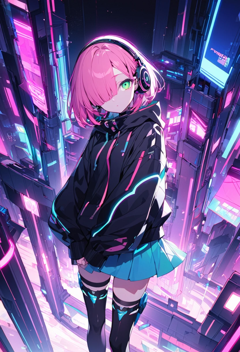 One woman、masterpiece、Highest quality、Beauty、Expressionless、Green Eyes、Beautiful Eyes、Hollow Eyes、baby pink hair、Bangs covering one eye、Short Bob、Blue Skirt、Futuristic clothing、shoes、Black hoodie、Headphones、Black knee-high socks、neon、anime
