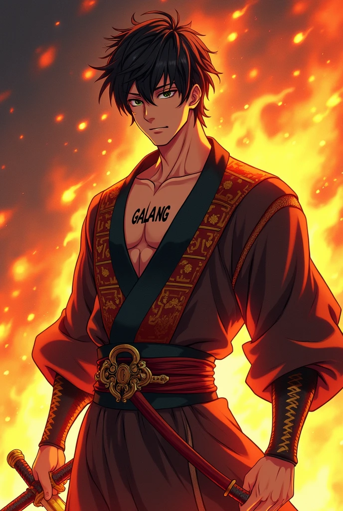 Handsome anime guy wearing a samurai sword with the name GALANG written on his clothes, with a fire effect.