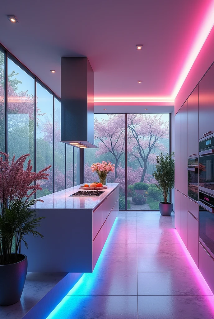 Please design me a very luxurious kitchen, modern and fully equipped. futuristic design with magical colors