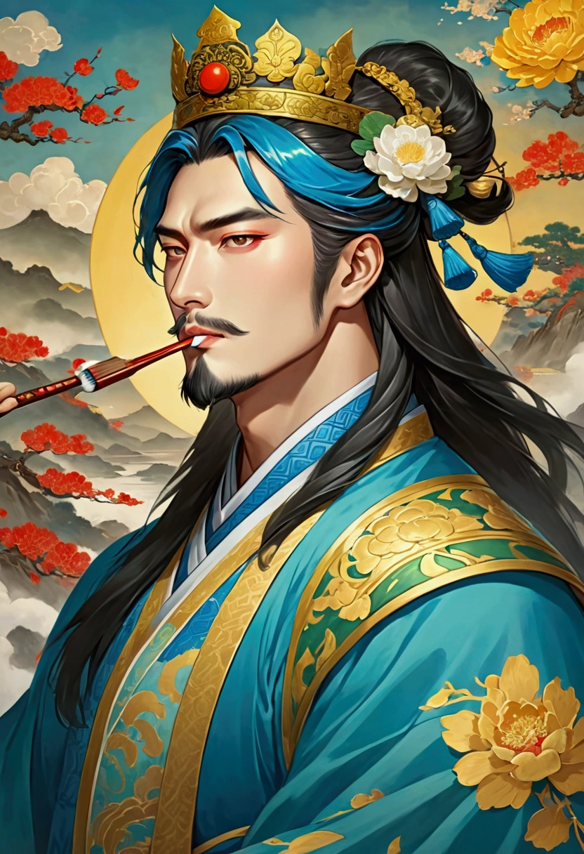 Image of a man wearing blue robes and a crown on his head, Guan Yu, Vian Lian, Yellow line(Huang Shen)inspired by, 리칸inspired by, heise jinyao, Songs inspired by Huang Ding, xianxia hero, Works inspired by Hu Zhaobin, Guanduity(Guan Daosheng)inspired by, Three Kingdoms of China, Inspired by the Odoza, Arapehd image of a man with a crown on his head and wearing blue clothes, Portrait inspired by Huang Shen, Art Station Trends, Under Art, Guan Yu, Vian Lian, heise jinyao, xianxia hero, Three Kingdoms of China, G Liulian Art Style, Romance of the Three Kingdoms Origin, Feng Shui, Official Splash Art, brushing teeth