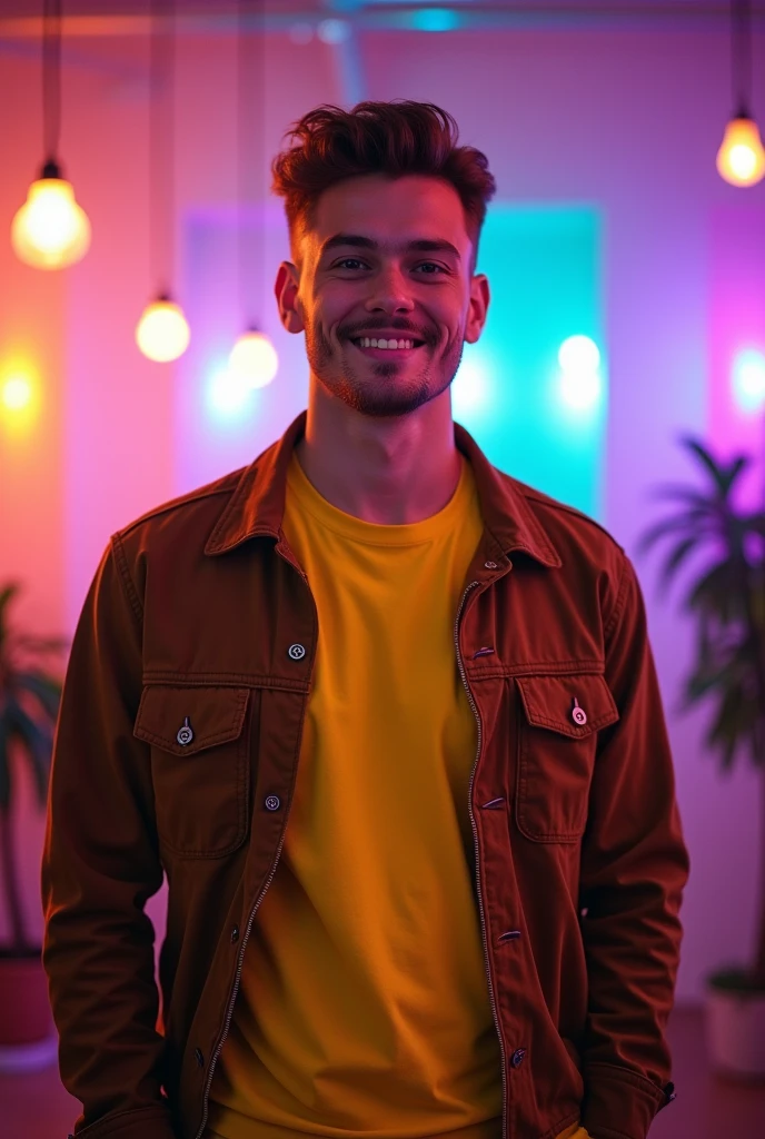 A white man wereing yellow t shirt, seeing in camera, with little smile . Background rgb light studio wereing bround joket stading state