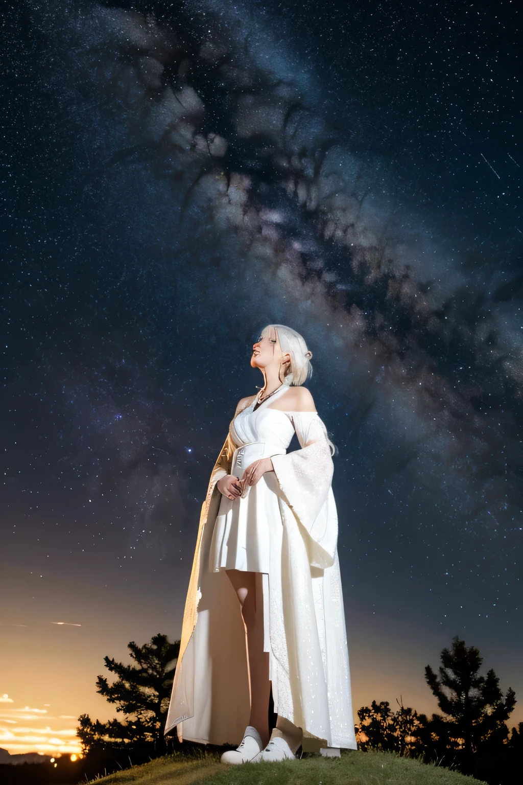 The background is a city, perfect white-haired girl, in dress, white-haired, white-haired god, cute anime waifu in beautiful clothes, gray-haired, best anime 4k konachan wallpaper, little curve , guvez on Pixiv ArtStation, white-haired girl, nightcore, standing on a tree, looking up at the stars, face super detailed