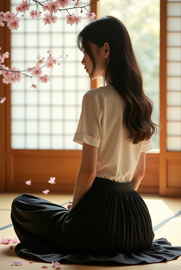 Sit facing forward　Japanese　a black pleated skirt