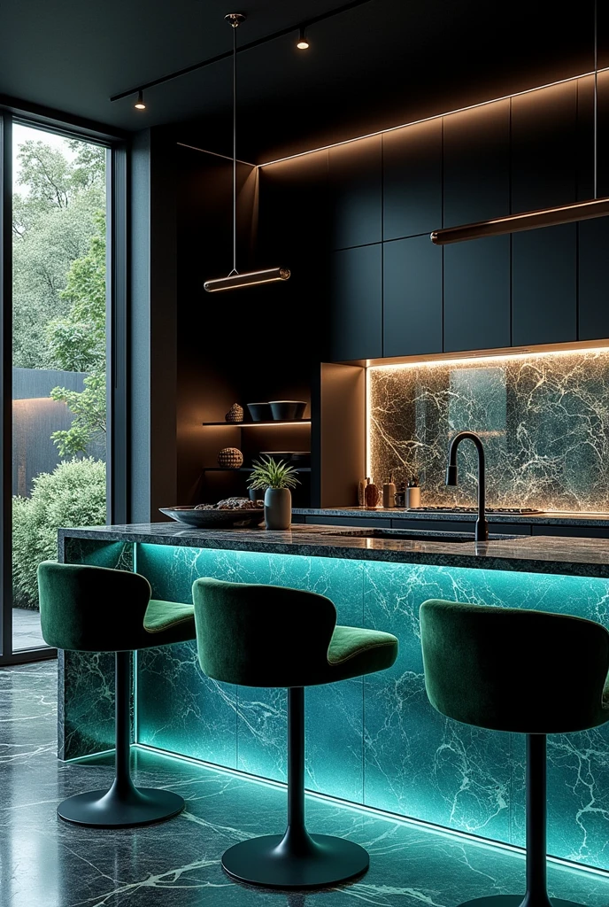 Please design me a very luxurious kitchen, modern and fully equipped. Futuristic design with mysterious colors