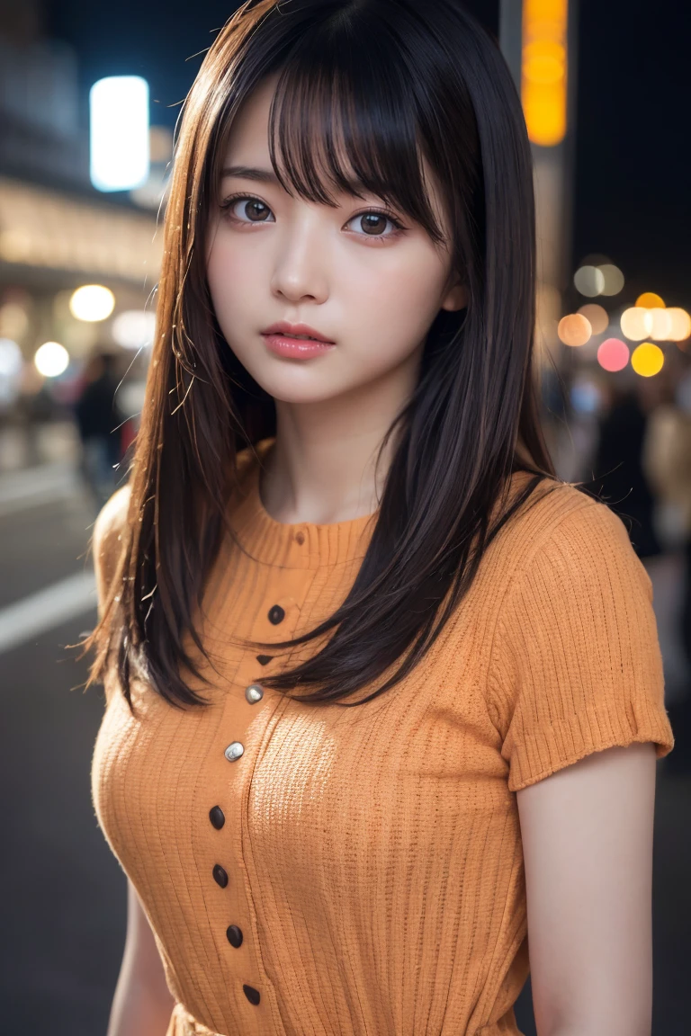masterpiece、1 beautiful girl、Detailed eyes、Puffy eyes、Highest quality, 超High resolution, (Reality: 1.4), Cinema Lighting、Japanese、Asian Beauty、Korean、Super Beauty、Beautiful Skin、Slender、Body facing forward、(Surreal)、(High resolution)、(8k)、(Very detailed)、(Beautiful and detailed eyes)、(Ultra-detailed)、 (wallpaper)、Detailed face、Bright lighting、Professional Lighting、View your viewers、Look straight ahead、The outfit is a clean light orange shirt and dress.....、46 point diagonal bangs、Night Scenery、Brown Hair、Nogizaka Idol、Korean Idol、Gravure idol pose、、Age 25、expensive,