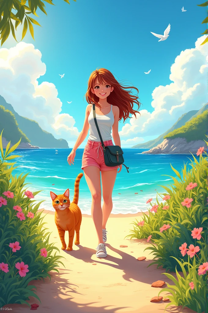 A cartoon video of a young woman walking a cat in the morning sunlight, with a sea view in the background.