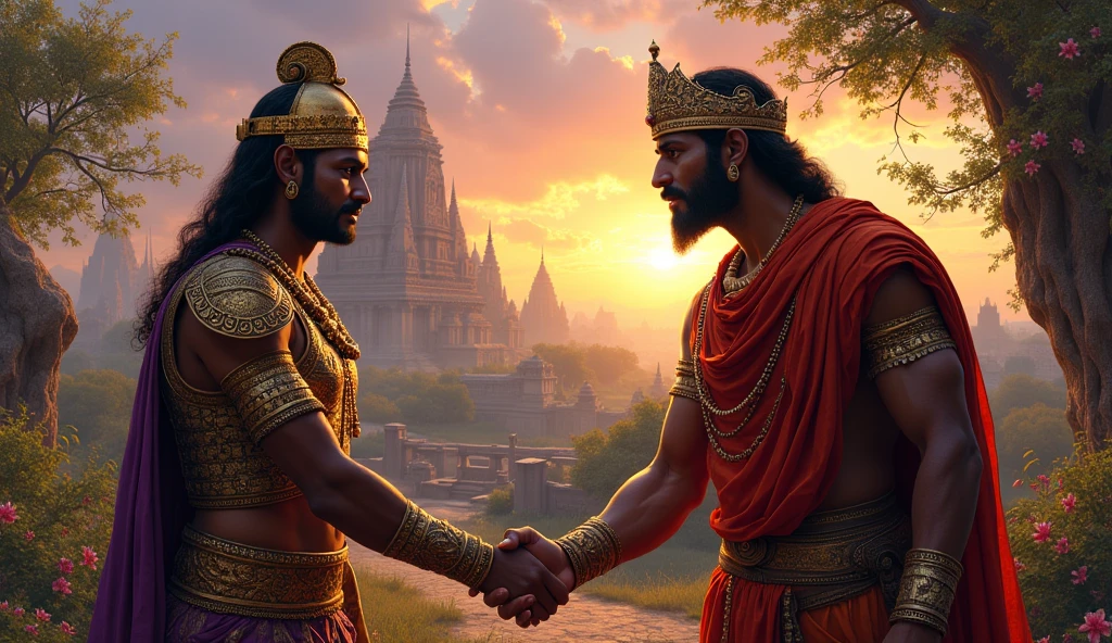 Samudragupta and the Pallava king shaking hands after the battle, with the ruins of Kanchipuram in the background."