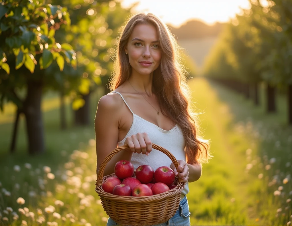 girl with bare breasts and a basket of apples
