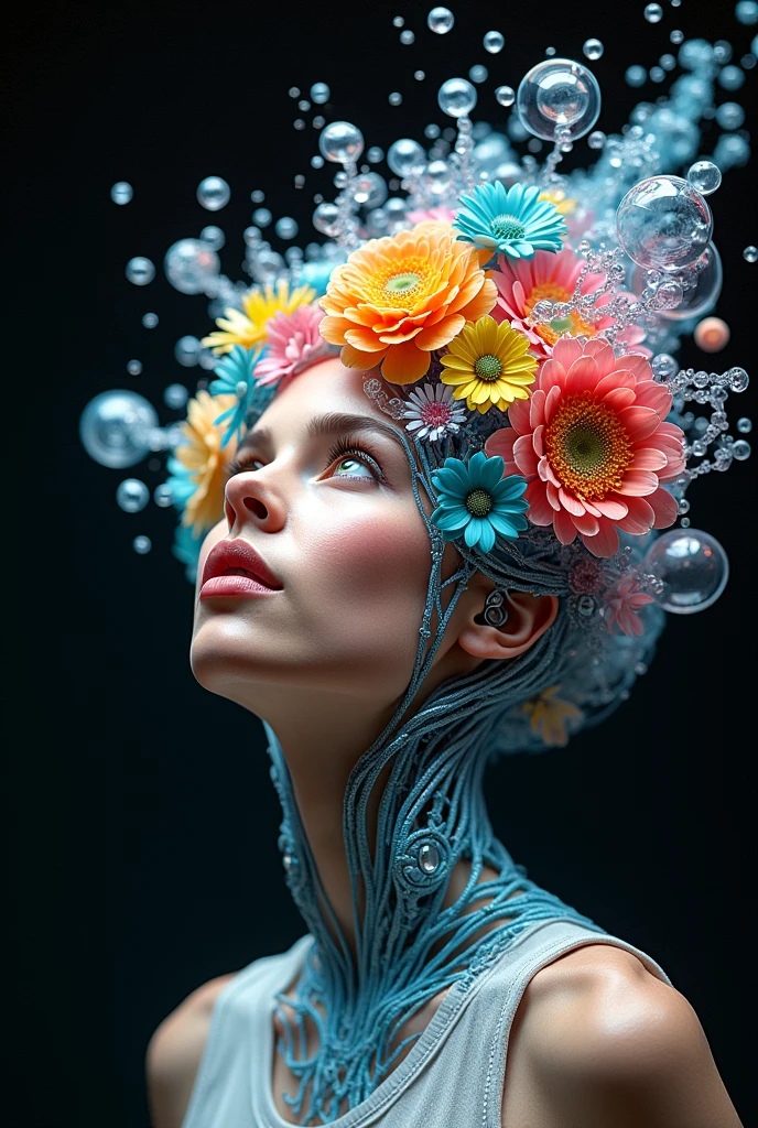 biomechanical style drawing beautiful woman, Colorful melting human head. Acrylic soap bubbles and flowers, Ferrofluids, Water distortion. look up, convoluted abstract. convoluted artwork. Beeple. A mixture of organic and mechanical elements, futuristic, Cybernetic, detailed, convoluted, dark theme, (In awe:1.2), confidence, (amazed:0.7), natural skin, Stan Manukyan style, Physically-based, unbiased rendering, natural light, soft shadows, Ultra high resolution details, of the photo, Realism taken to extremes, fine texture, 4K, ultra-detailed, high quality, high contrast