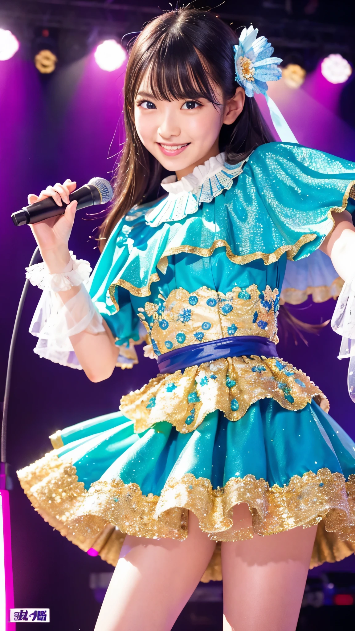 masterpiece,beautiful,Very detailed,In detail,Exquisite,(Ultra-high resolution),(8k UHD highest quality), (Realistic, photographなRealistic:1.37), Depth of written boundary,ぼやけたbackground,Dramatic lighting、ライブstage,reference_Inset,photograph_background,photographRealistic,(looking at the camera),One person,Detailed skin,Glowing Skin,Holding a microphone,(((stage))),load 、whole body、((slouch))、(The best smile、Idol)、Pastel colored outfits、Sky Blue Costume、Blue lace trim、((Bright costumes、Shiny decorated costume))、Large lace flower skirt、(hining fabric、Captivating thighs、