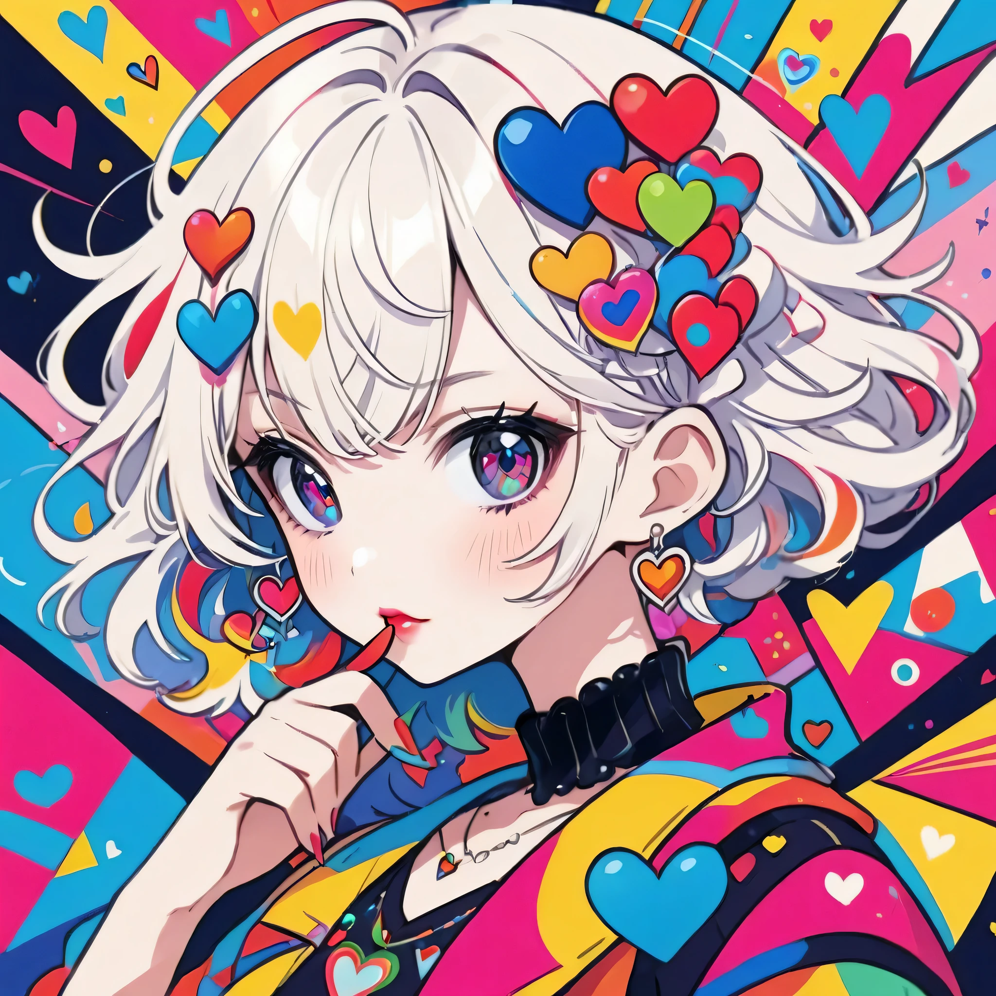 Ultra-realism Vasily Kandinsky colorful style, Simple Line Initialism，Abstract art，(((The most beautiful girl of all time))), Sweet face. Lips in love, colorful hearts, stylish design, Stylish summer clothes, Dark Eyes, Playing, Harajuku Street