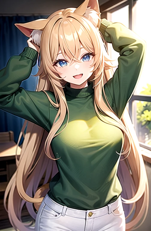 (JSON FORMAT) Smiling anime girl with long blond hair. cat ears. Long furry cat tail. Blue eyes. In green jumper, white jeans