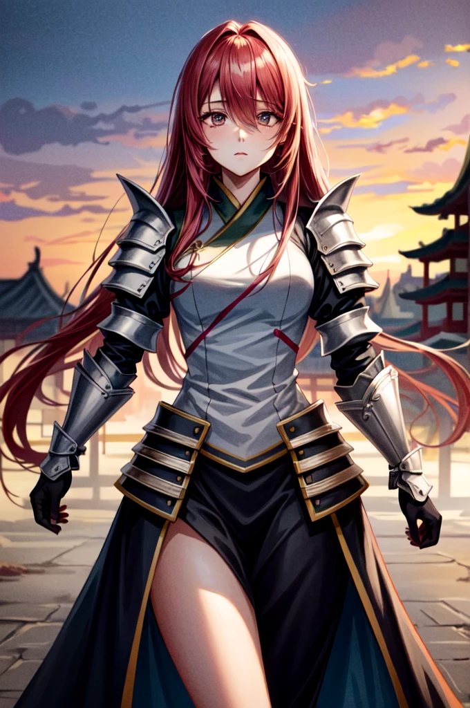 Armored１People Women, Wearing light armor, Black Hanfu, Tight waist, Straight Hair, hair over  eyes, sad, absurdly long hair, bright pink hair, empty eyes, An old Chinese castle in the background, anime, cinematic lighting, cowboy shot, UHD, retina, masterpiece, accurate, anatomically correct, textured skin, super detail, high details, high quality, award winning, best quality, highres